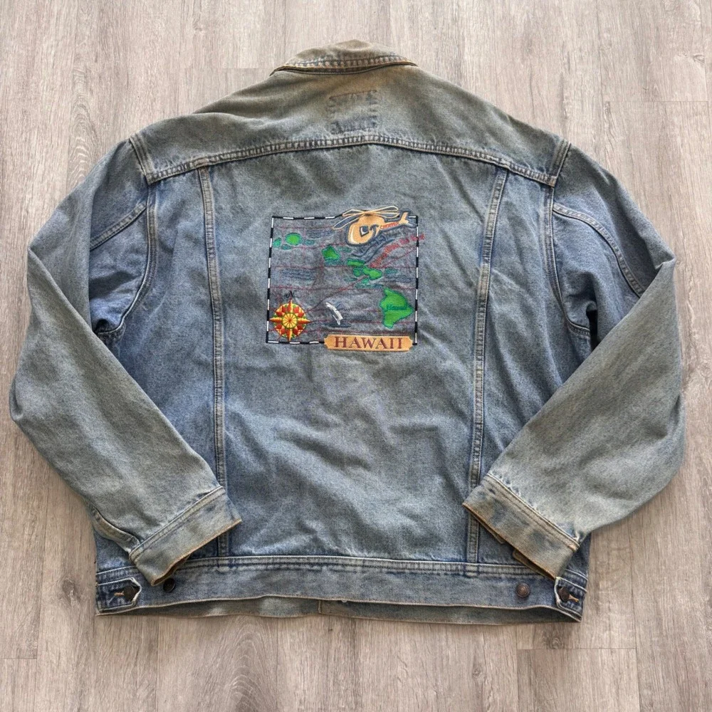 Vintage Lee Denim Collection Hawaii Map Embroidered Trucker Jacket Blue XL